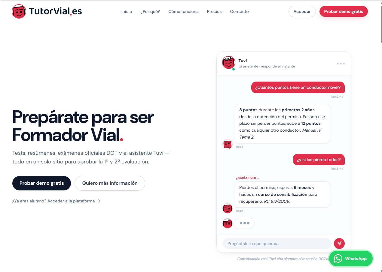tutorvial.es — Prepárate para ser Formador Vial. Tests, resúmenes, exámenes oficiales DGT y el asistente Tuvi.