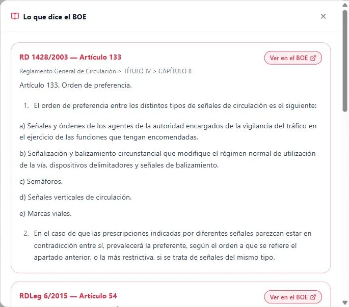 TutorVial.es · Conexión con el BOE: El artículo exacto de la ley que respalda cada respuesta.