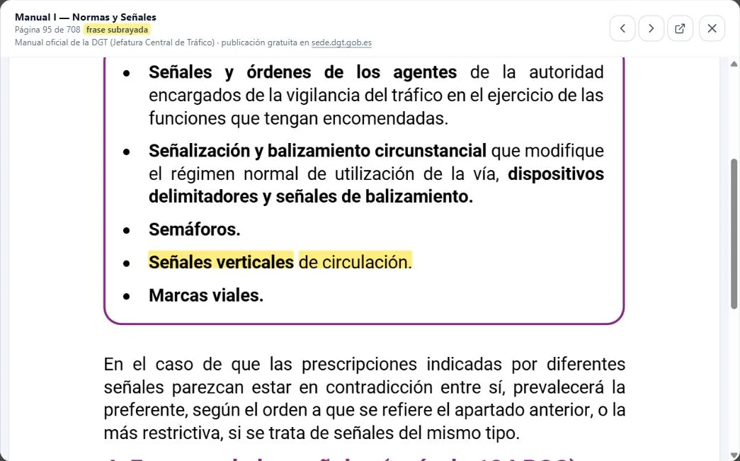 TutorVial.es · Visor del manual oficial: Abre el manual de la DGT en la página exacta, con la frase subrayada.